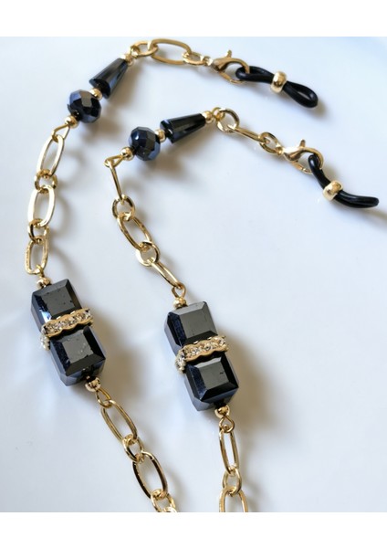 Gözlük Zinciri Altın Kaplama Zincirli Gerçek Kristal Taşlı Gözlük Askısı