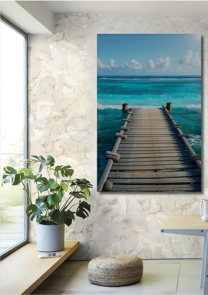 Turkuaz Deniz Dekoratif Ahşap Iskele Manzarası Ev/işyeri/ofis/salon Ahşap Dekoratif Kare Tablo
