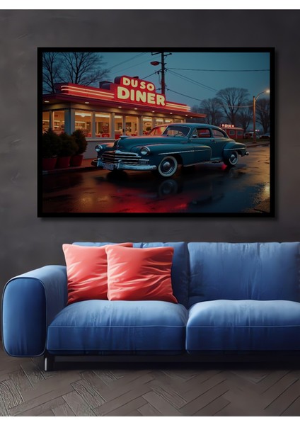Çerçeve Görünümlü Retro Amerikan Diner ve Klasik Otomobil Yağlı Boya Görünümlü Ahşap Ofis Tablo