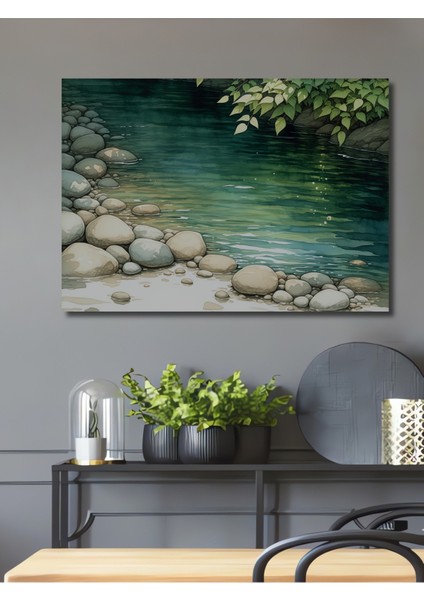Huzurlu Nehir Sulu Boya Görünümlü Dekoratif Ahşap Ev/işyeri/ofis Kare Tablo
