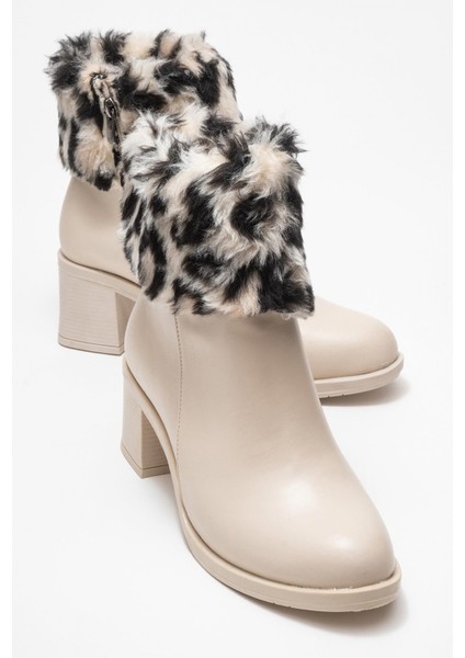 Kadın Topuklu Kürklü Boğazlı Bot Bej Cilt