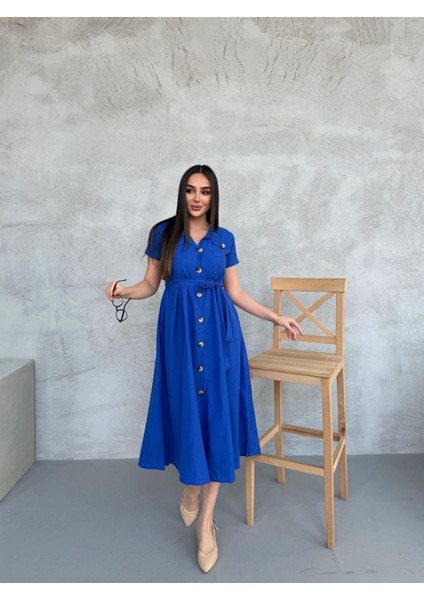 Kruvaze Yaka Kısa Kol Midiboy Gömlek Elbise