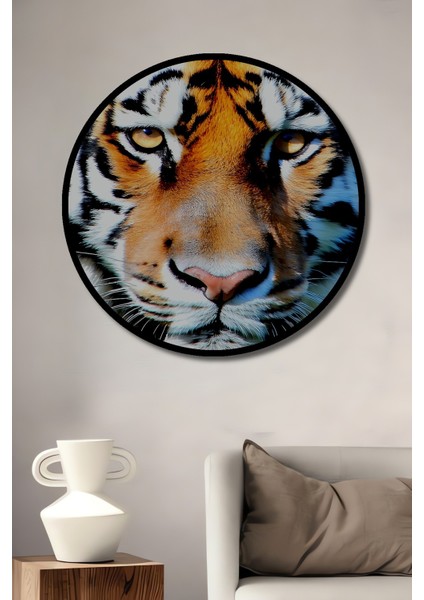 Çerçeve Görünümlü Gerçekçi Bengal Kaplanı Yağlı Boya Görünümlü Ofis Dekoratif Ahşap Yuvarlak Tablo