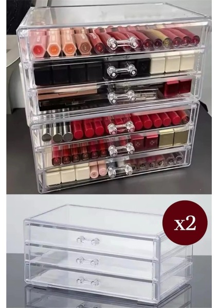 2 Adet Şeffaf Dior 3 Çekmeceli Makyaj Organizeri Takı Düzenleyici Organizer