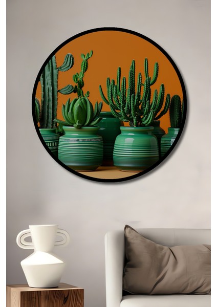 Çerçeve Görünümlü Yeşil Vazolarda Kaktüsler Yağlı Boya Görünümlü Ofis Ahşap Yuvarlak Tablo