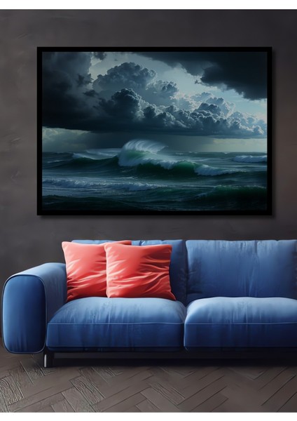 Çerçeve Görünümlü Fırtına Öncesi Deniz Manzarası Yağlı Boya Görünümlü Ahşap Ofis Kare Tablo