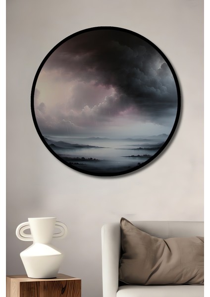 Çerçeve Görünümlü Fırtınalı Göl Yağlı Boya Görünümlü Dekoratif Ahşap Ev/işyeri/ofis Yuvarlak Tablo