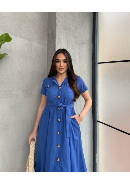 Kruvaze Yaka Kısa Kol Midiboy Gömlek Elbise modelleri