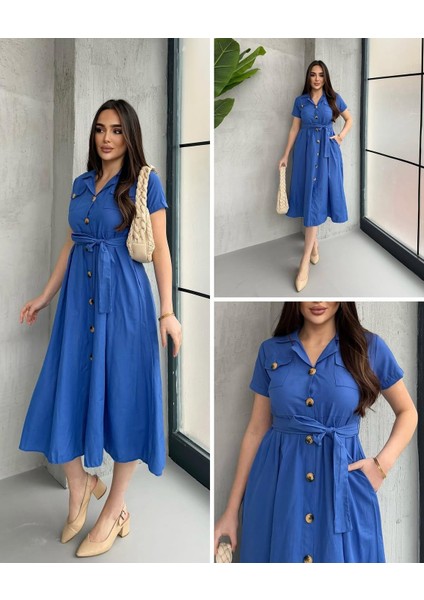 Kruvaze Yaka Kısa Kol Midiboy Gömlek Elbise fırsatları