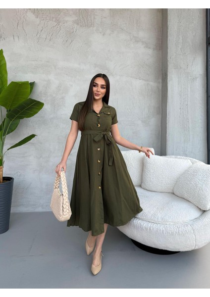 Kruvaze Yaka Kısa Kol Midiboy Gömlek Elbise
