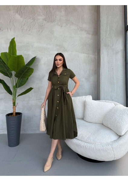 Kruvaze Yaka Kısa Kol Midiboy Gömlek Elbise fiyatları