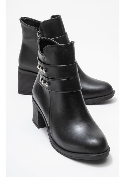 Kadın Çift Kemerli Taşlı Topuklu Bot Siyah Cilt