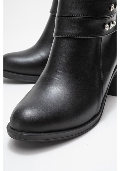 Kadın Çift Kemerli Taşlı Topuklu Bot Siyah Cilt modelleri