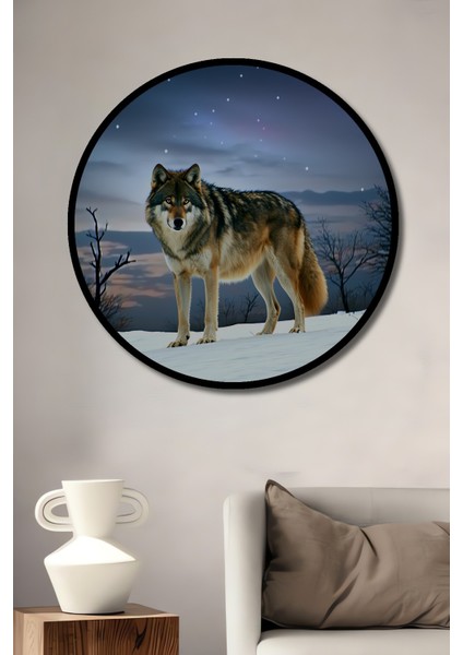 Çerçeve Görünümlü Kar Manzarası Kurt Yağlı Boya Görünümlü Dekoratif Ahşap Ofis Yuvarlak Tablo