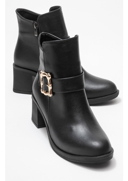 Kadın Büyük Altın Tokalı Topuklu Bot Siyah Cilt