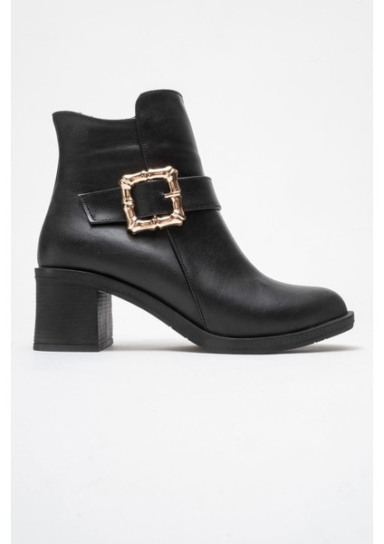 Kadın Büyük Altın Tokalı Topuklu Bot Siyah Cilt fiyatları