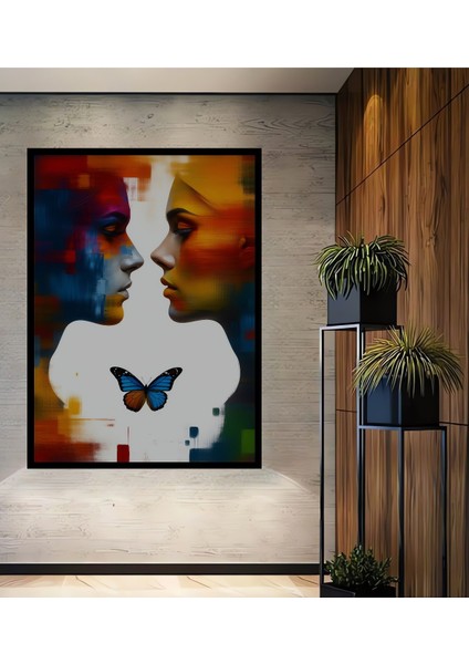 Çerçeve Görünümlü Aşkın Kelebeği Yağlı Boya Görünümlü Modern Sanat Ofis Dekoratif Ahşap Kare Tablo