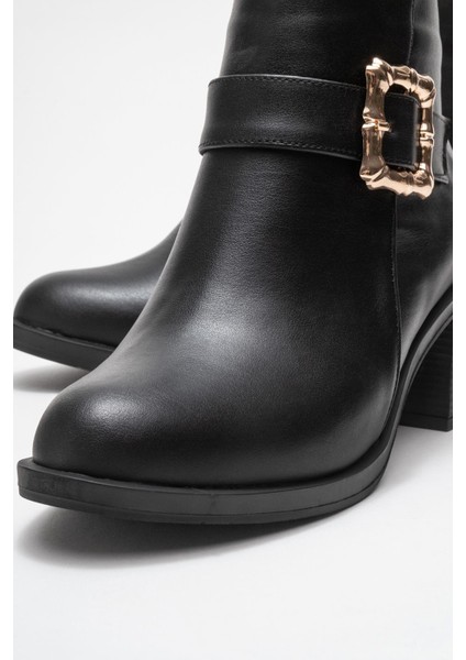 Kadın Büyük Altın Tokalı Topuklu Bot Siyah Cilt fırsatları