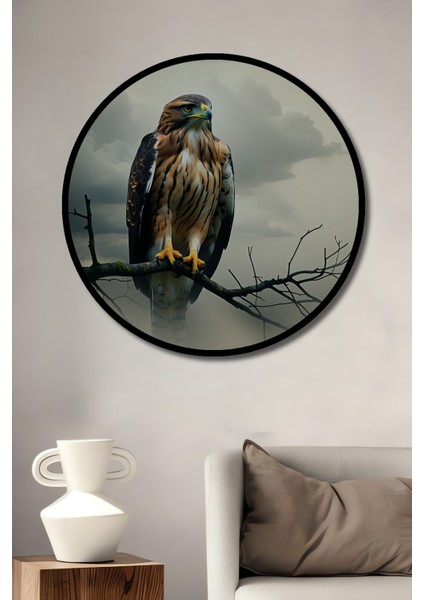 Çerçeve Görünümlü Yağlı Boya Görünümlü Dalda Oturan Kartal Ofis Dekoratif Ahşap Yuvarlak Tablosu