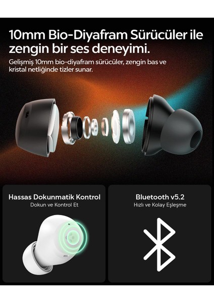 Audio TWS P10 Bluetooth Kablosuz Kulaklık - ANC Pro Aktif Gürültü Engelleme + ENC 6 Mikrofon - 10mm Sürücü - 30 Saat Pil - iOS & Android EQ App Şeffaf & Gaming Mod iPX4 Beyaz - ASD07963