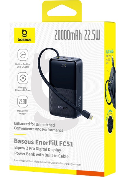 Enerfill FC51 Bipow2 Pro Dijital Göstergeli Super Hızlı Power Bank Type-C Kablolu, Usb-C 2 Çıkışlı 20000MAH 22.5W Siyah fiyatları