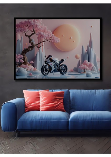 Çerçeve Görünümlü Sakura Ağaçları Arasında Rüya Gibi Motor Yağlı Boya Görünümlü Ahşap Ofis Tablo