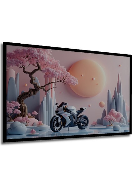 Çerçeve Görünümlü Sakura Ağaçları Arasında Rüya Gibi Motor Yağlı Boya Görünümlü Ahşap Ofis Tablo modelleri