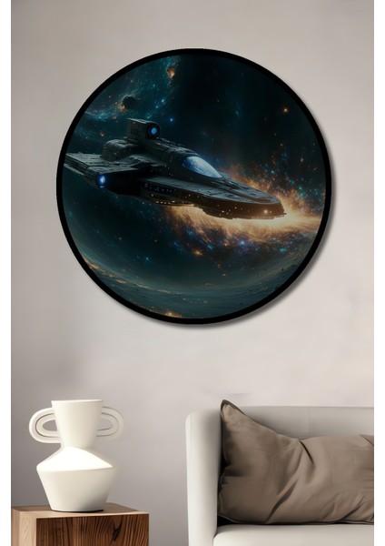 Çerçeve Görünümlü Uzay Gemisi Galaksi Seyahati Yağlı Boya Görünümlü Ahşap Ofis Yuvarlak Tablo