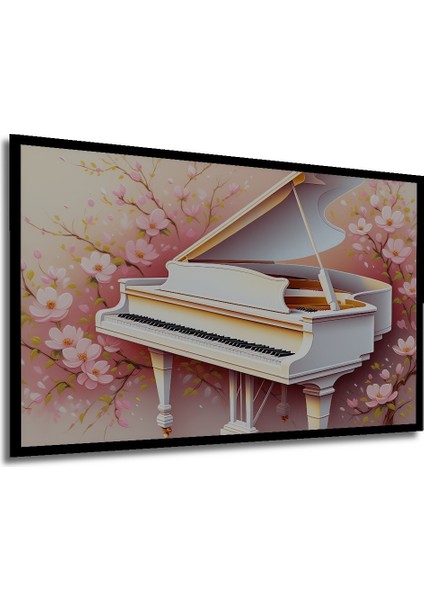 Çerçeve Görünümlü Romantik Piyano Sakura Çiçekleri Yağlı Boya Görünümlü Ahşap Ofis Kare Tablo modelleri