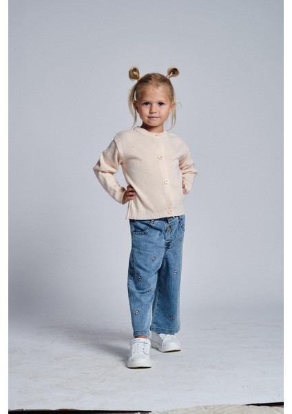 Papatya Nakışlı Denim Pantolon Hırka Takım