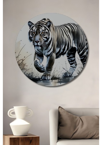 Beyaz Bengal Kaplanı Sulu Boya Görünümlü Dekoratif Ahşap Ev/işyeri/ofis Yuvarlak Tablo