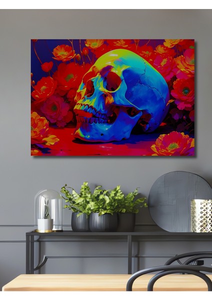 Neon Çiçekler Içinde Kafatası Yağlı Boya Görünümlü Dekoratif Ahşap Ev/işyeri/ofis Kare Tablo