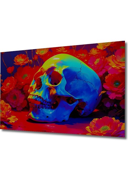 Neon Çiçekler Içinde Kafatası Yağlı Boya Görünümlü Dekoratif Ahşap Ev/işyeri/ofis Kare Tablo fiyatları