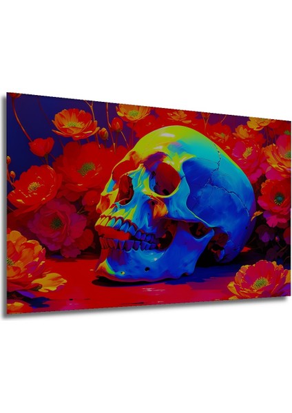 Neon Çiçekler Içinde Kafatası Yağlı Boya Görünümlü Dekoratif Ahşap Ev/işyeri/ofis Kare Tablo modelleri