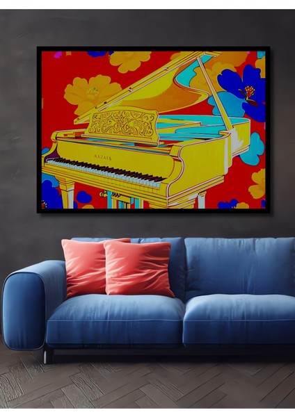 Çerçeve Görünümlü Çiçekler Arasında Sarı Piyano Pop Art Yağlı Boya Görünümlü Ahşap Ofis Tablo