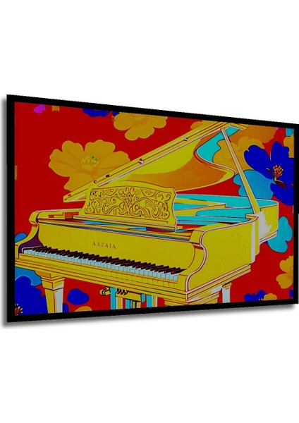 Çerçeve Görünümlü Çiçekler Arasında Sarı Piyano Pop Art Yağlı Boya Görünümlü Ahşap Ofis Tablo modelleri