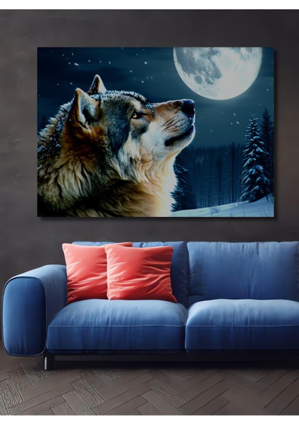 Dolunayda Uluyan Kurt Yağlı Boya Görünümlü Dekoratif Ahşap Ev/işyeri/ofis Kare Tablo