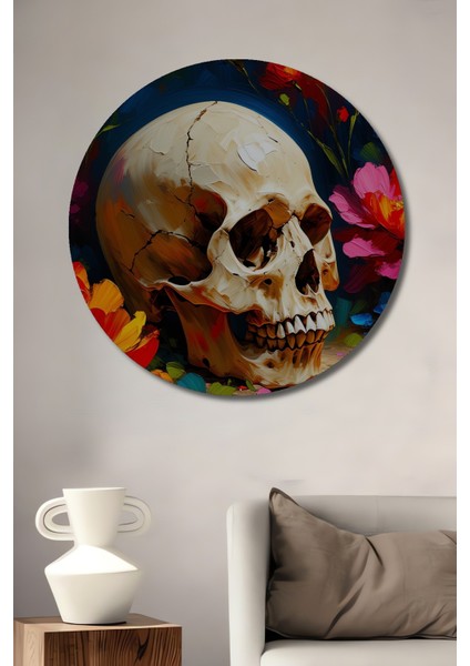 Çiçekler Arasında Kafatası Yağlı Boya Görünümlü Ev/işyeri/ofis Dekoratif Ahşap Yuvarlak Tablo