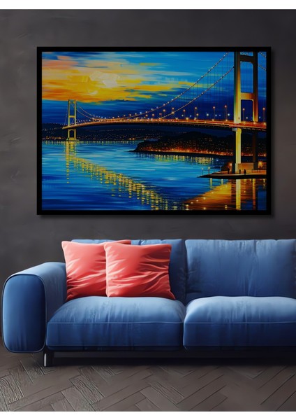 Çerçeve Görünümlü Altın Köprü Şehir Işıkları Yağlı Boya Görünümlü Dekoratif Ahşap Ofis Kare Tablo