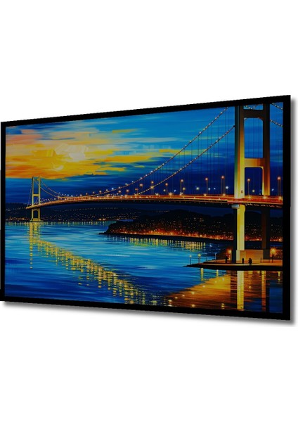 Çerçeve Görünümlü Altın Köprü Şehir Işıkları Yağlı Boya Görünümlü Dekoratif Ahşap Ofis Kare Tablo fiyatları