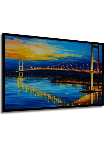 Çerçeve Görünümlü Altın Köprü Şehir Işıkları Yağlı Boya Görünümlü Dekoratif Ahşap Ofis Kare Tablo modelleri