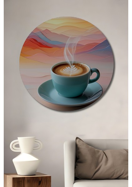 Pastel Tonlarda Kahve Keyfi Yağlı Boya Görünümlü Dekoratif Ahşap Ev/işyeri/ofis Yuvarlak Tablo