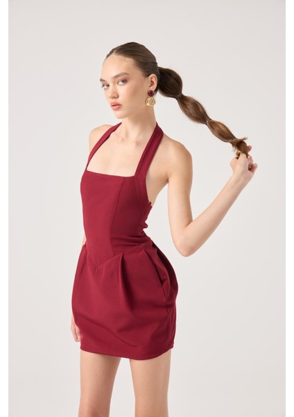 Boyundan Askılı Cepli Mini Yerry Elbise Bordo fiyatları