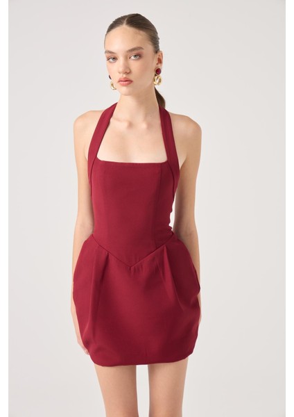 Boyundan Askılı Cepli Mini Yerry Elbise Bordo fırsatları