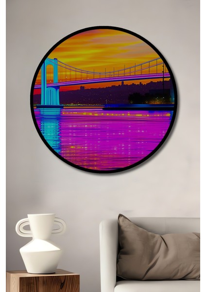 Çerçeve Görünümlü Neon Işıklar Altında Köprü Manzarası Yağlı Boya Görünümlü Ahşap Ofis Tablo