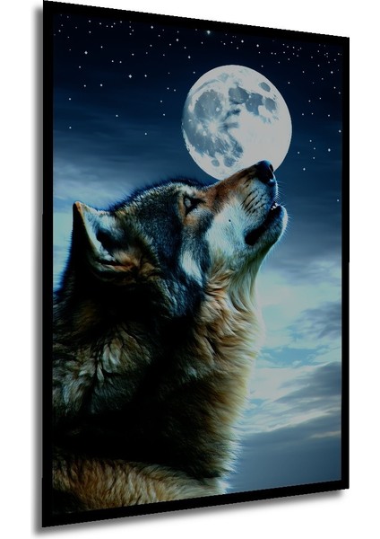 Çerçeve Görünümlü Dolunayda Uluyan Kurt Yağlı Boya Görünümlü Dekoratif Ahşap Işyeri/ofis Kare Tablo modelleri