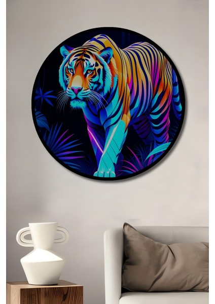 Çerçeve Görünümlü Neon Kaplan Ormanı Yağlı Boya Görünümlü Dekoratif Ahşap Ofis Yuvarlak Tablo