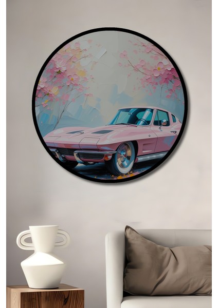 Çerçeve Görünümlü Pembe Corvette Çiçek Bahçesi Yağlı Boya Görünümlü Ahşap Ofis Yuvarlak Tablo