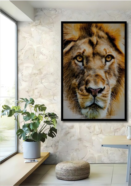 Çerçeve Görünümlü Yağlı Boya Görünümlü Aslan Portre Sanatı Ofis/salon Ahşap Dekoratif Kare Tablo
