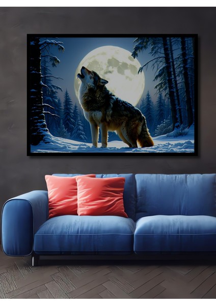 Çerçeve Görünümlü Dolunayda Uluyan Kurt Yağlı Boya Görünümlü Dekoratif Ahşap Işyeri/ofis Kare Tablo